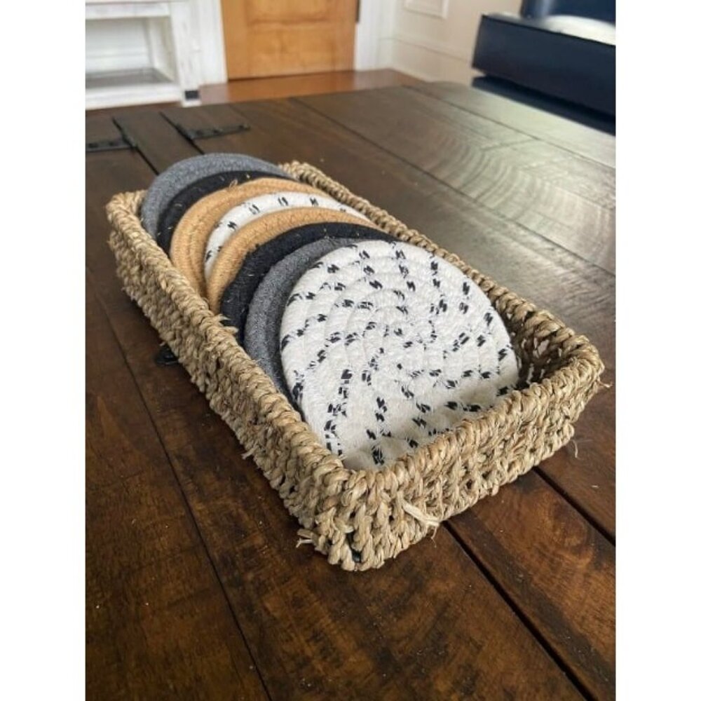 Drink Coasters with Seagrass Basket Holder for Storage Set of 8 Handmade Braided